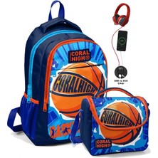 Coral High Erkek Çocuk Okul Çantası ve Beslenme Çantası Seti - Mavi Kırmızı Basketbol