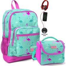 Coral High Okul Çantası ve Beslenme Çantası Seti - Kız Çocuk Yeşil Flamingo - USB Soketli