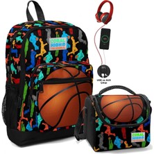 Coral High Okul Çantası ve Beslenme Çantası Seti - Erkek Çocuk Siyah Turuncu Basketbol - USB Soketli