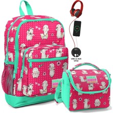 Coral High Okul Çantası ve Beslenme Çantası Seti - Kız Çocuk Yeşil Kırmızı Lama - USB Soketli