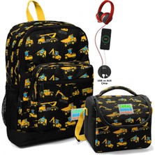 Coral High Sırt Çantası ve Beslenme Çantası Seti Siyah Iş Makineleri Erkek Çocuk