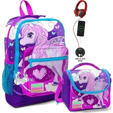 Coral High Okul Çantası ve Termal Beslenme Çanta Seti - Kız Çocuk Mavi Mor Unicorn USB ve Aux Çıkışlı