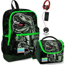 Coral High Okul Çantası ve Termal Beslenme Çanta Seti - Erkek Çocuk Yeşil Dinazor USB ve Aux Çıkışlı