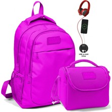 Coral High Okul ve Beslenme Çantası Seti - Kız Çocuk Koyu Pembe - USB Soketli