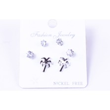 Gümüş renkli 3 çeşit vidalı saplama küpe seti, palmiye