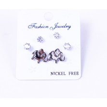 Gümüş renkli 3 çeşit vidalı saplama küpe seti, fil