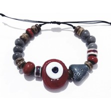 Funny Takı El Yapımı Koyu Kırmızı Cam Nazar Boncuklu Üçgen Seramik ve Toprak Boncuklu Bileklik