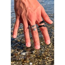 Trend Collection Ejderha Model Gümüş Kaplama ve Siyah Ayarlanabilir Erkek Yüzük Set