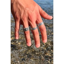 Trend Collection Unisex Model Gümüş Kaplama Sezar Pusula Hasır Model Ayarlanabilir 3'lü Yüzük Set