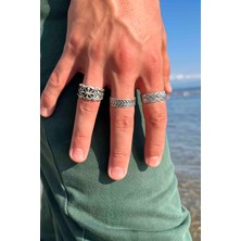 Trend Collection Unisex Model Gümüş Kaplama Sezar Pusula Hasır Model Ayarlanabilir 3'lü Yüzük Set