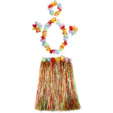Yetişkin ve Çocuk Uyumlu Luau Aloha Hawaii  Kolye Renkli Etek Taç ve Bileklik Seti