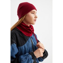 Butikgiz Bordo Kadın Balıkçı Style Pamuklu Kaşkorse Terletmez Ultra Hafif Yumuşak Bere Boyunluk Takım
