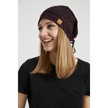 Butikgiz Kadın Siyah Kırmızı Desenli İp 4 Mevsim Şapka Bere Buff Ultra Yumuşak Penye