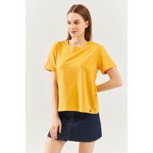 Butikgiz Hardal Oversize Rahat Pamuklu Penye Bisiklet Yaka Kısa Kol Basic T-Shirt