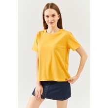 Butikgiz Hardal Oversize Rahat Pamuklu Penye Bisiklet Yaka Kısa Kol Basic T-Shirt