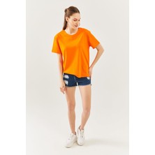 Butikgiz  Turuncu Oversize Rahat %100 Pamuklu Penye Bisiklet Yaka Kısa Kol Basic T-Shirt