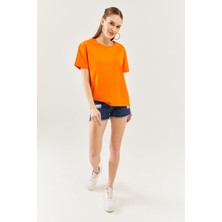 Butikgiz  Turuncu Oversize Rahat %100 Pamuklu Penye Bisiklet Yaka Kısa Kol Basic T-Shirt