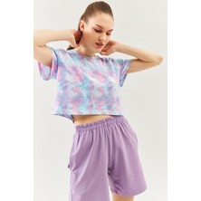 Butikgiz Batik Aqua Oversize Rahat %100 Pamuklu Penye Bisiklet Yaka Kısa Kol Basic Crop T-Shirt