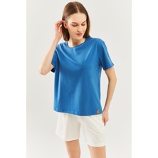Butikgiz Mavi Oversize Rahat Pamuklu Penye Bisiklet Yaka Kısa Kol Basic T-Shirt