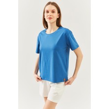 Butikgiz Mavi Oversize Rahat Pamuklu Penye Bisiklet Yaka Kısa Kol Basic T-Shirt