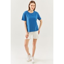 Butikgiz Mavi Oversize Rahat Pamuklu Penye Bisiklet Yaka Kısa Kol Basic T-Shirt