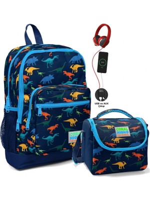 Coral High Okul Çantası ve Beslenme Çantası Seti - Erkek Çocuk Lacivert Dinazor - USB Soketli