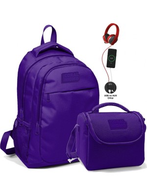 Coral High Okul ve Beslenme Çantası Seti - Kız Çocuk Mor - USB Soketli