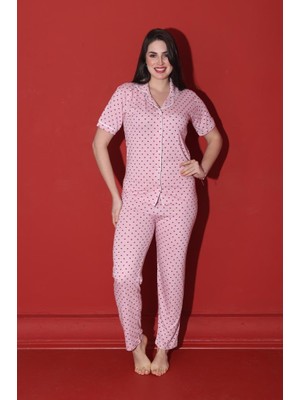 Berel Giyim Pembe Renginde Önden Düğmeli Kısa Kollu Kalp Baskılı Pijama Takımı