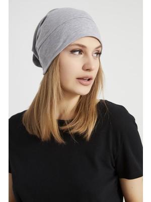Butikgiz Kadın Gri İp Trendy Özel Tasarım 4 Mevsim Şapka Bere Buff Ultra Yumuşak Penye