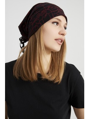 Butikgiz Kadın Siyah Kırmızı Desenli İp 4 Mevsim Şapka Bere Buff Ultra Yumuşak Penye