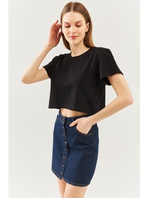Butikgiz Siyah Oversize Rahat Pamuklu Penye Bisiklet Yaka Kısa Kol Basic Crop T-Shirt