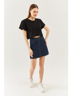 Butikgiz Siyah Oversize Rahat Pamuklu Penye Bisiklet Yaka Kısa Kol Basic Crop T-Shirt
