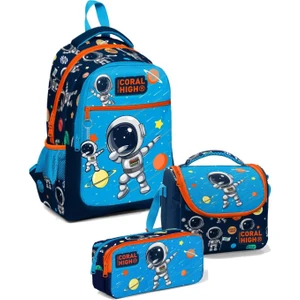 Coral High Erkek Üç Bölmeli Okul Sırt Çantası Beslenme Çantası ve Kale mlik Seti Lacivert Mavi Astronot