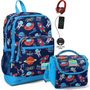 Coral High Okul Çantası ve Beslenme Çantası Seti - Erkek Çocuk Mavi Lacivert Uzay - USB Soketli