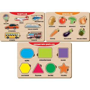 3 Adet Ahşap Bul Tak Eğitici Yapboz Puzzle