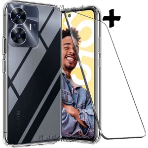 M.TK Moveteck Realme C55 Kılıf Kamera Korumalı Darbeye Dayanıklı Şeffaf Silikon +9h Temperli Koruyucu Cam 2in1