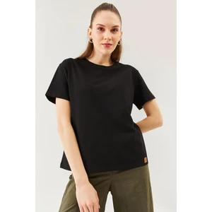Siyah Oversize Rahat Pamuklu Penye Bisiklet Yaka Kısa Kol Basic T-Shirt