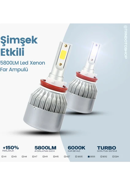 C6 Serisi LED Xenon Far Ampulü Şimşek Etkili 5800LM Chip On Board 6000K Kar Beyazı