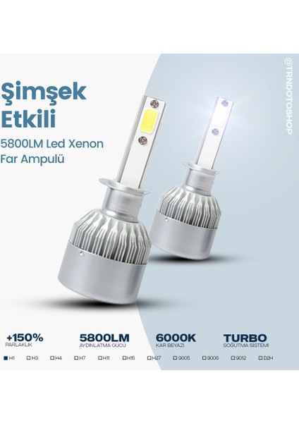 C6 Serisi LED Xenon Far Ampulü Şimşek Etkili 5800LM Chip On Board 6000K Kar Beyazı
