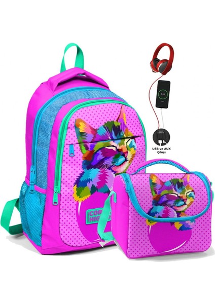 Ilk ve Orta Okul ve Beslenme Çantası Seti - Kız Çocuk Pembe Sevi mli Kedi - USB Soketli