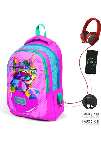Ilk ve Orta Okul ve Beslenme Çantası Seti - Kız Çocuk Pembe Sevi mli Kedi - USB Soketli