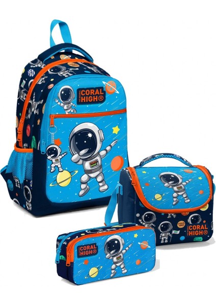 Erkek Üç Bölmeli Okul Sırt Çantası Beslenme Çantası ve Kale mlik Seti Lacivert Mavi Astronot