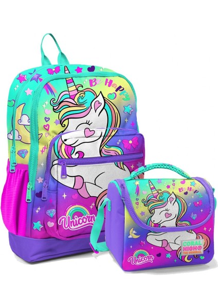 Su Yeşili Lavanta Unicorn Kız Çocuk Ilköğretim Okul Sırt Çantası ve Beslenme Çanta Seti