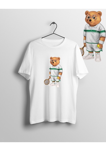 Zoka Wear Unisex Kort Tenis Tenisçi Ayı Teddy Bear Bisiklet Yaka Baskılı T-Shirt