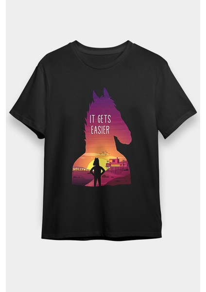 Bojack Horseman Baskılı Unisex Siyah Tişört - Tshirt