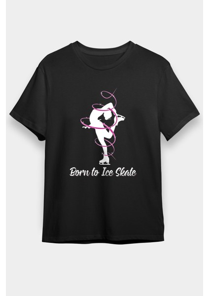 Buz Pateni - Ice Skating Baskılı Unisex Siyah Tişört - Tshirt