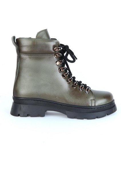 240804-Z Yeşil Kürklü Deri Kadın Düz Bot