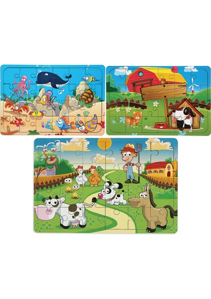 3 Adet Ahşap 24 Parça Eğitici Yapboz Puzzle