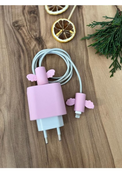 Silikon Şarj Başlığı ve Kablo Koruyucu 2li Set Pembe
