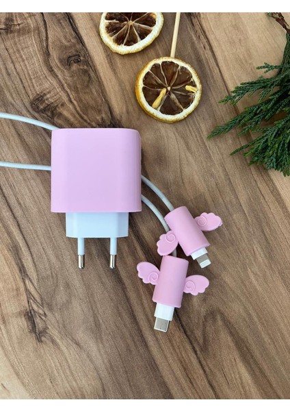 Silikon Şarj Başlığı ve Kablo Koruyucu 2li Set Pembe